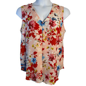 Rose + Olive Women's XL Pink Floral V-Neck Chiffon Sleeveless Flowy blouse EUC